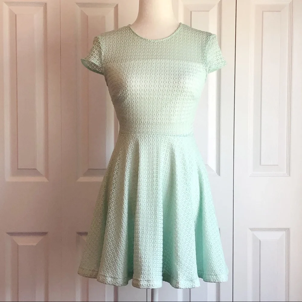 B. Darlin Juniors' Mint Green Fit & Flare Lace Dot Eyelet Dress - Picture 2 of 16